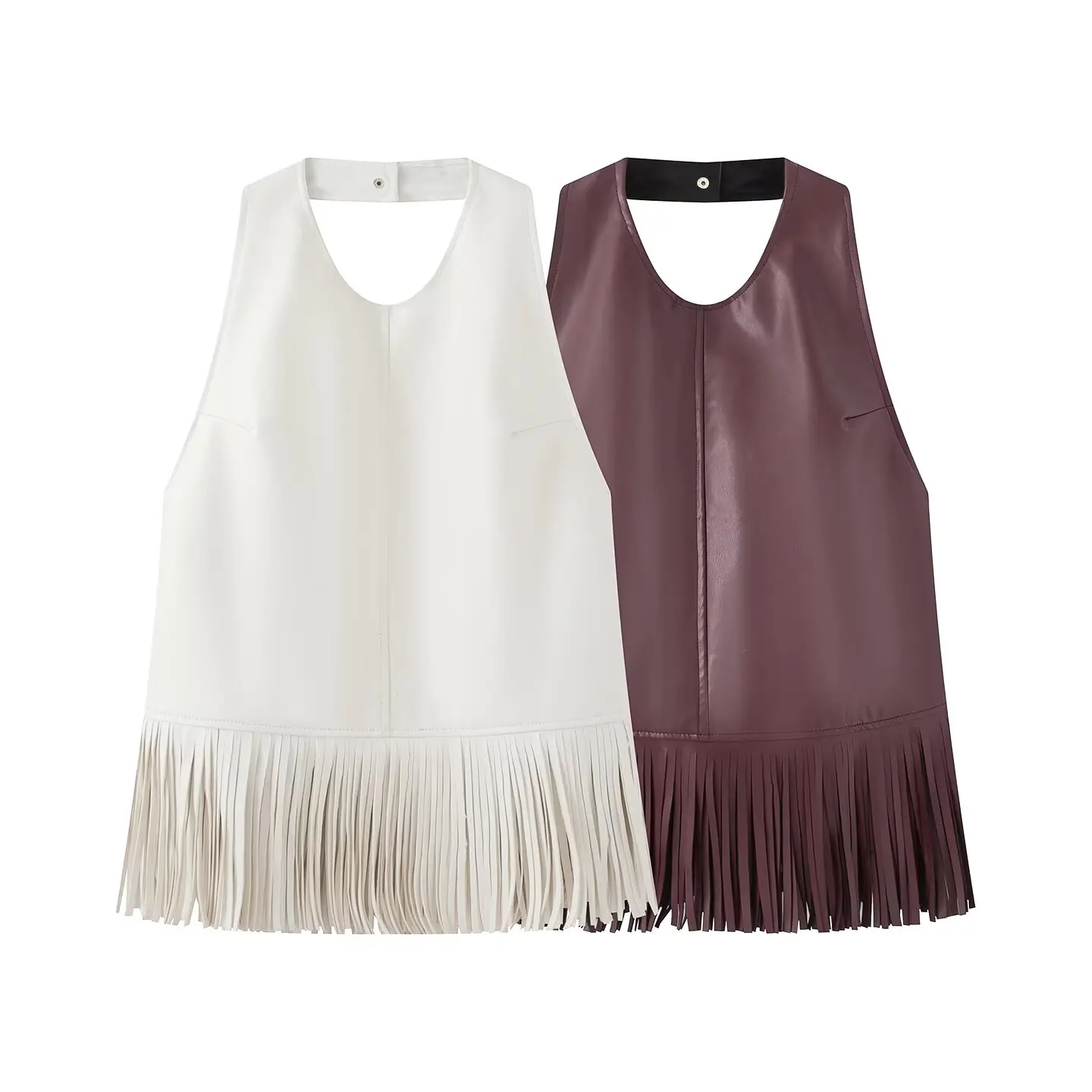 

Vintage Faux Leather Tassel Vests Women's Slim Sleeveless Backless Halter Tops 2026 New Ladies Spring Summer Solid Outwear Brand