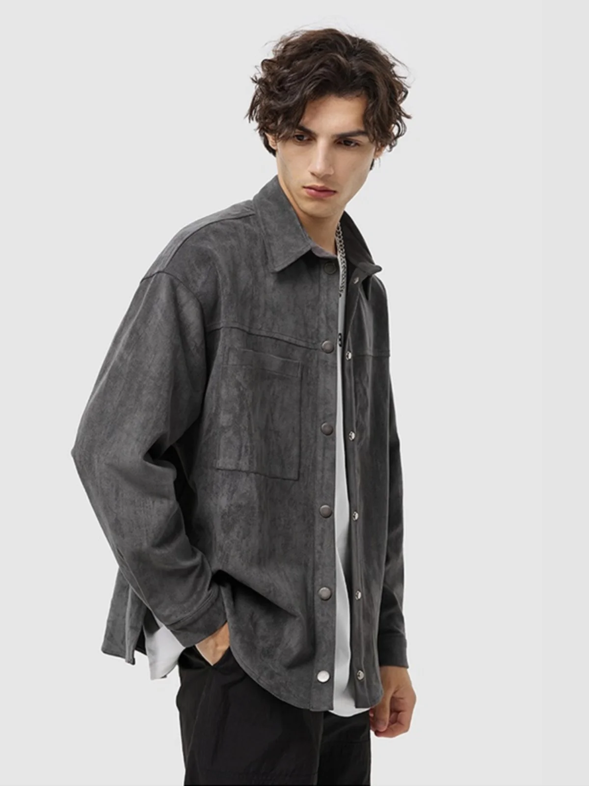 

Мужская повседневная верхняя одежда свободного покроя Long Sve irt в американском стиле High Street Sle с дуговым подолом и отложным воротником для мужчин