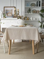 Four seasons universal linen solid color rectangular tablecloth Beige fringe Vintage farmhouse wedding decoration kitchen table