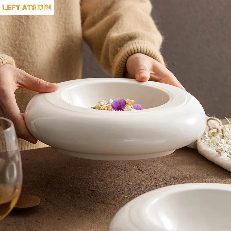 Creative Double-layer Ceramic Insulation Western Food Dish Hotel Features Anti-scalding Western Tableware White Wire Drawingdisc