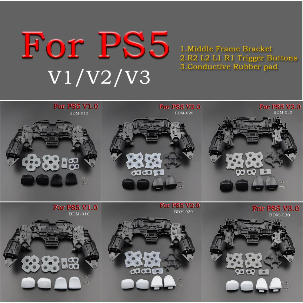 1Set For PS5 V1 V2 V3 BDM-010/020/030 Controller Gamepad Middle Frame Bracket+R2 L2 L1 R1 Trigger Button & Conductive Rubber Pad