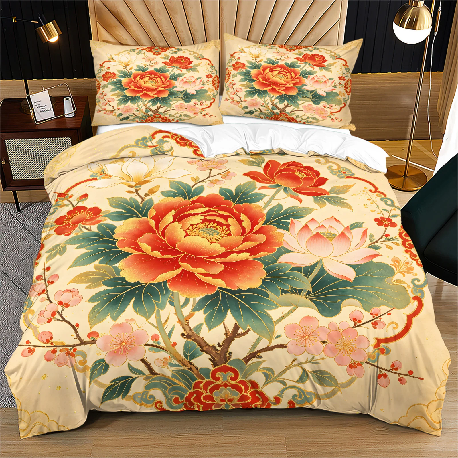 Chinese Style Peony Lotus Floral Duvet Cover Set Vintage Golden Red Flower Print Bedding Set Polyester Quilt Cover Pillowcases