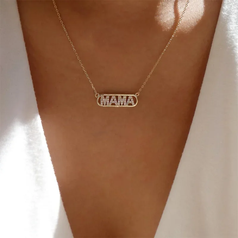 Elegant MaMa Letter Name Pendant Chain Necklaces Cubic Zirconia Paved Choker Necklace Jewelry Gift for Women Mother's Day Gift