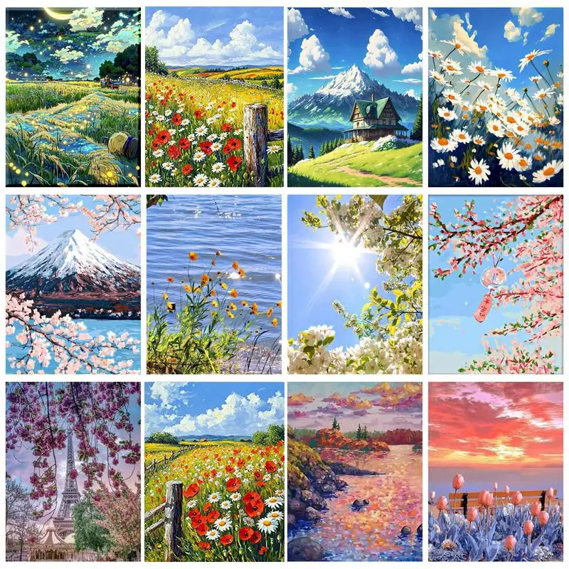 PhotoCustom Oil Painting By Numbers Flowers Spring Landscape Drawing With Numbers Handicrafts For Adults Home Decors Diy Gift