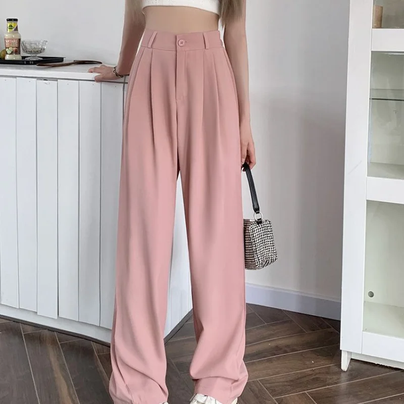 Pantalones de traje negros con cintura elástica, pantalones informales adelgazantes, pantalones de verano, pantalones sueltos de pierna ancha, moda caída de cintura alta para mujer