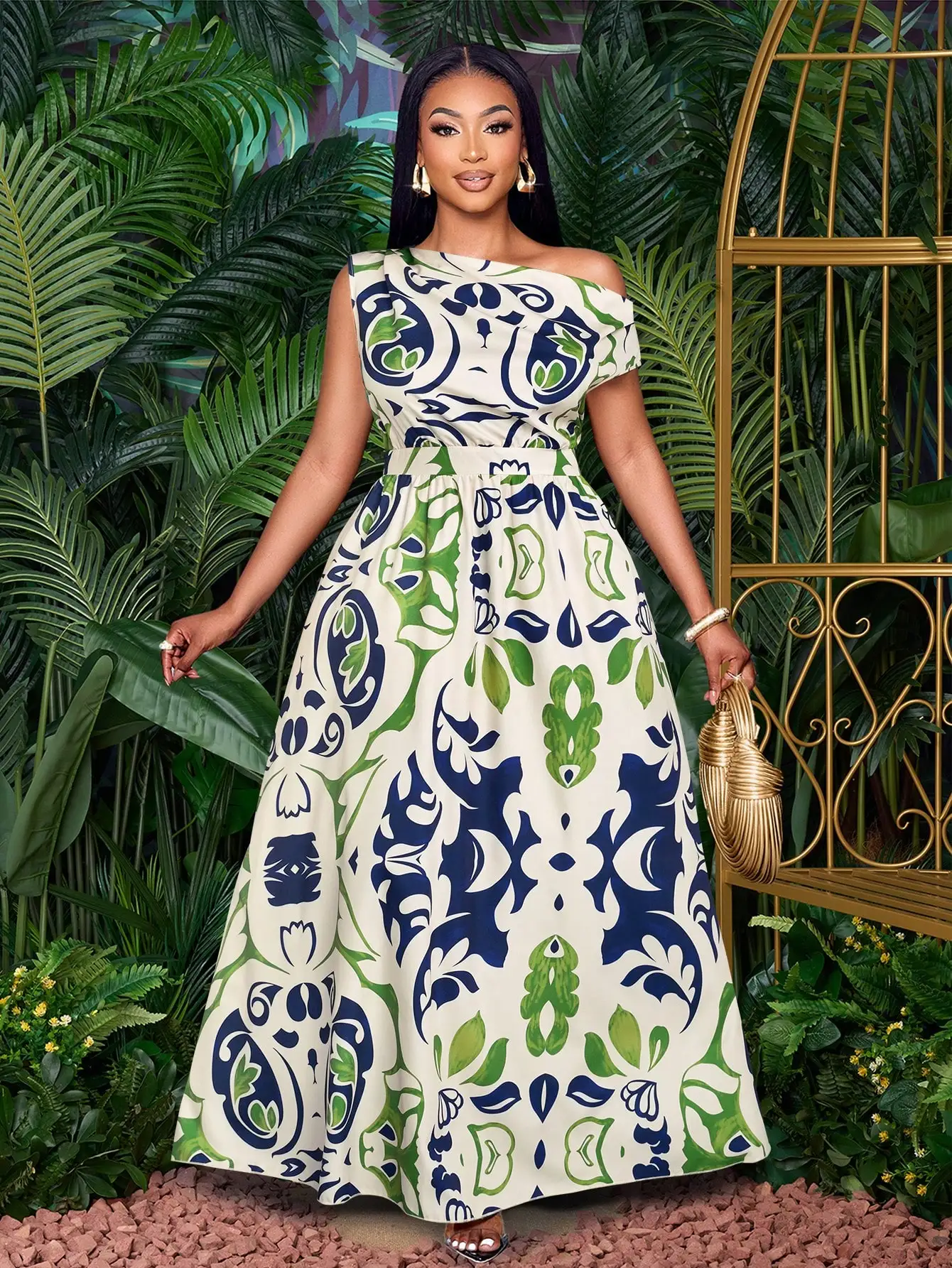 

Elegant Off Shoulder Short Sleeve Floral Print Maxi Dress For Women