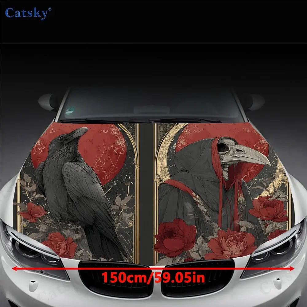 Dark Art Raven and Reaper Car Vinyl Wrap, PVC Waterproof Car Hood Sticker, Self-Adhesive Scratch-Resistant Stickers for Engine C