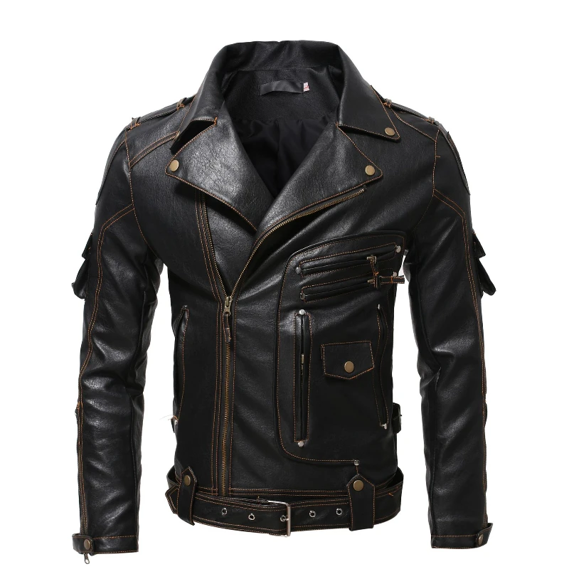 Vintage Multi Pocket Zipper Motorcycle Riding Leather Jacket for Men Outwear Steampunk Parka Motorbike Slim Fit Men's Pu Coats