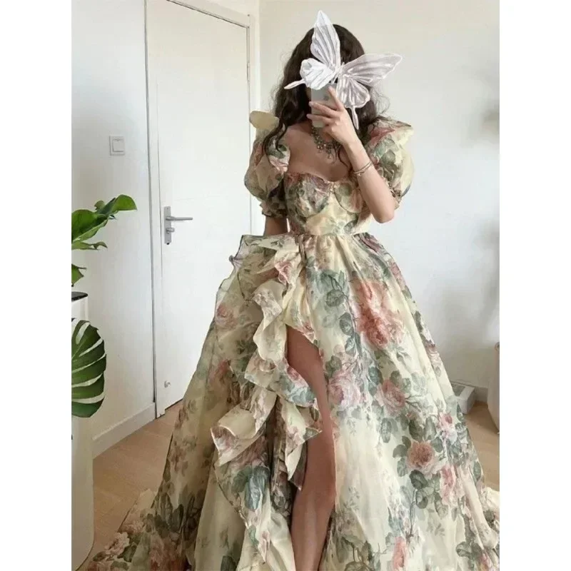 2024 Spring Princess Elegant Dress Women Puff Sleeve Print Y2k Evening Party Dress Female France Vintage Chic Irregular Clothes