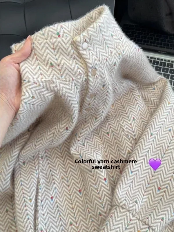 

Loose Fit Knit Sweatshirt Women's Half High Collar Button up Versatile Top Outerwear Korean Style Long Sleeve