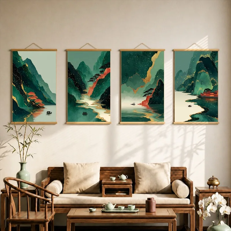 Wall Art Golden Mountains with River Boat, Zen Oriental Pearlescent Canvas Hanging Scroll with Wooden Rods for Boutique Hotel