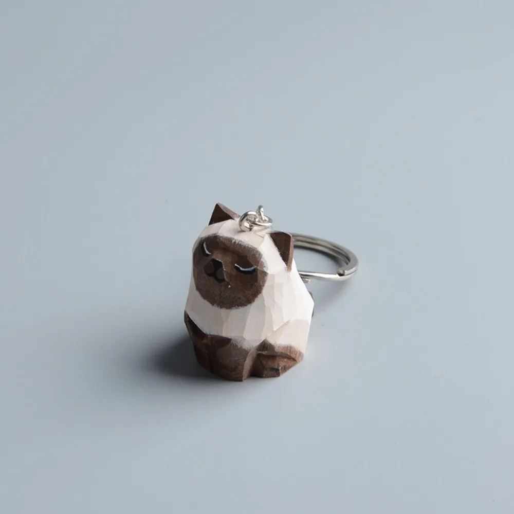 Handmade Wooden Carving Cat Keychain Creative Funny Ragdoll Cat Pendant Cute Fashion Siamese Cat Keyring Car Key Pendant