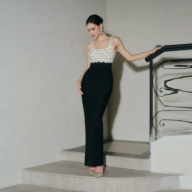 

Women Elegant Bandage Dress Diamond Pearl Evening Dress Sexy Long Dress