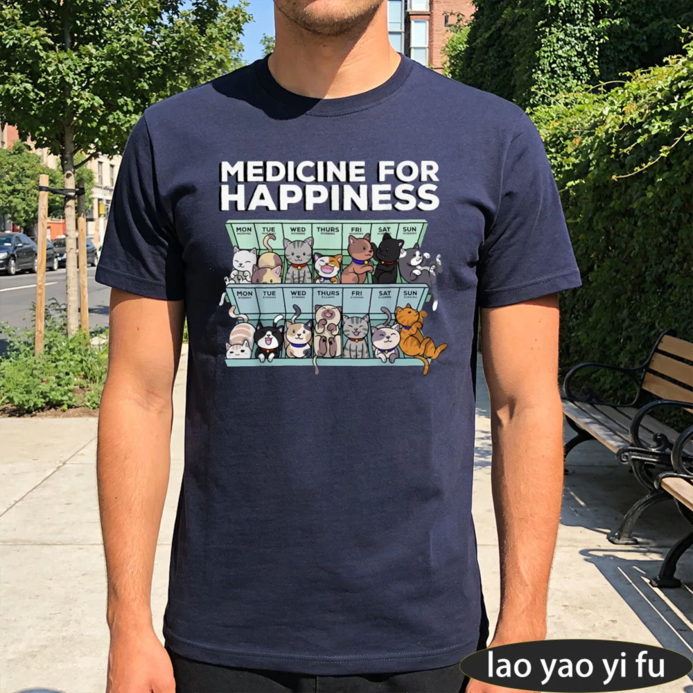 Cartoon Weekly Pill Tray Cat Print T-Shirt Medicine For Happiness Cute Kitten Graphic Men Cotton Crew Summer Cat Lover Gift Tee
