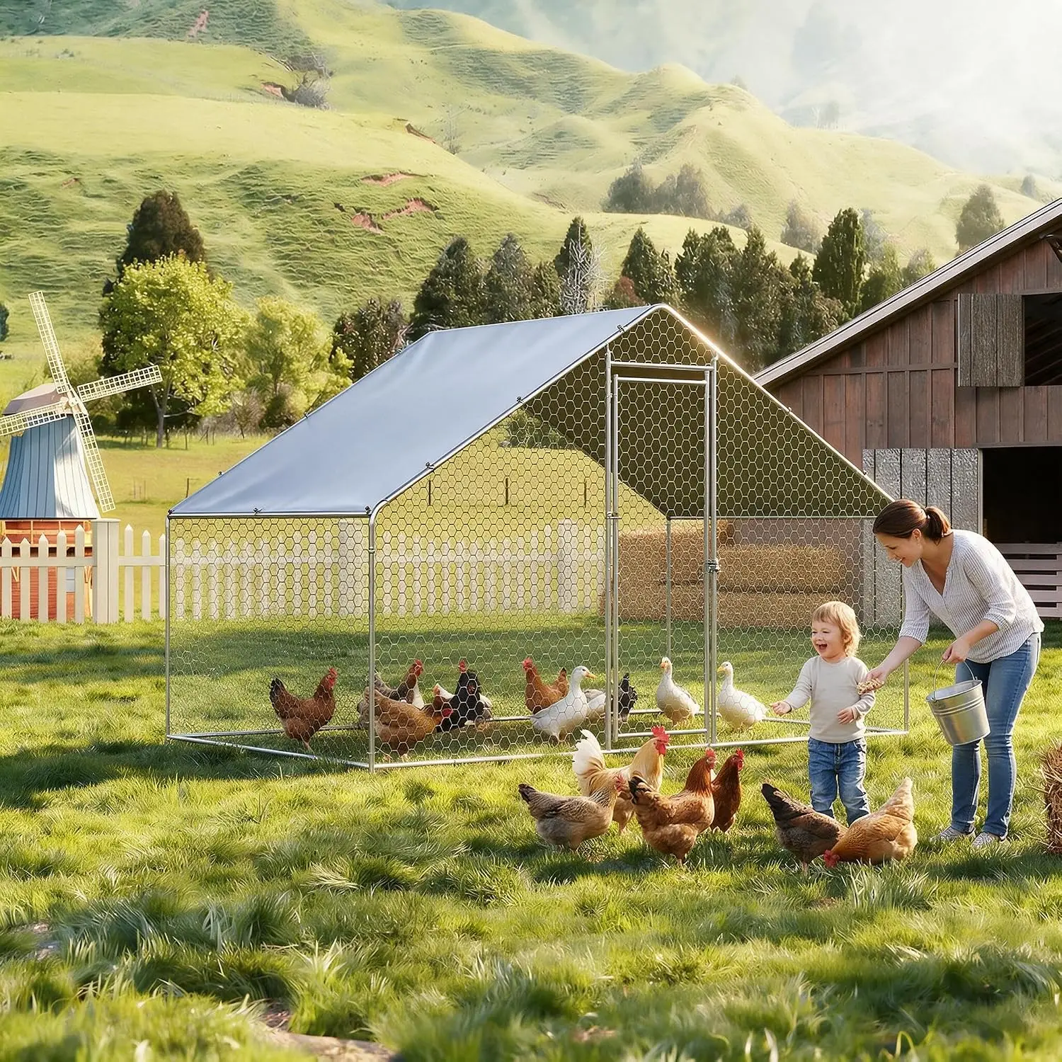 Large Metal Chicken Coop, 6.5 Ft Large Chicken Runs for Yard with Cover, Spire Roof Metal Chicken Coop with Lock, Customized