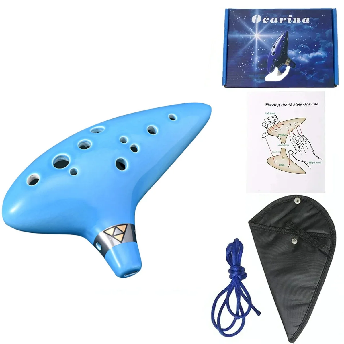 Okarina, 12 Töne Alt-C-Keramik-Okarina-Musik instrument mit Liederbuch-Hals-Schnur-Trage tasche, blau