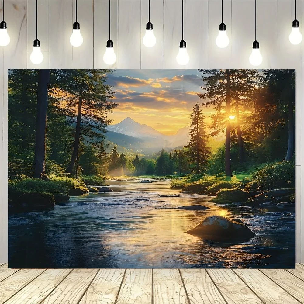 Sunset River Forest Wall Mural 2D Flat Printing Nature Landscape Decor Mountain View Art Home Interior Design Living Room