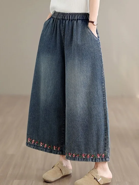 

Summer Washed Embroidered Ethnic Style Wide Leg Jeans Elastic Waist Loose Fit mid Rise Cotton Blend Casual Trousers for plus ...
