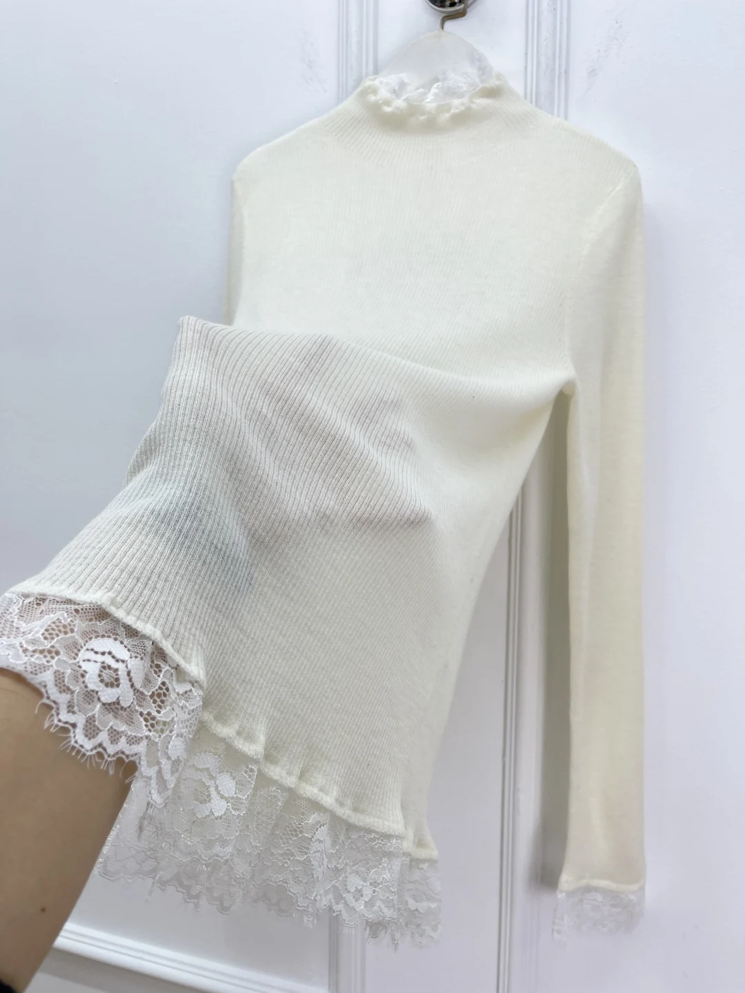 Women's Wool Cashmere Blend Sweater Lace Embroidery Half High Collar Long Sleeve Elegant Slim Knitted Pullover