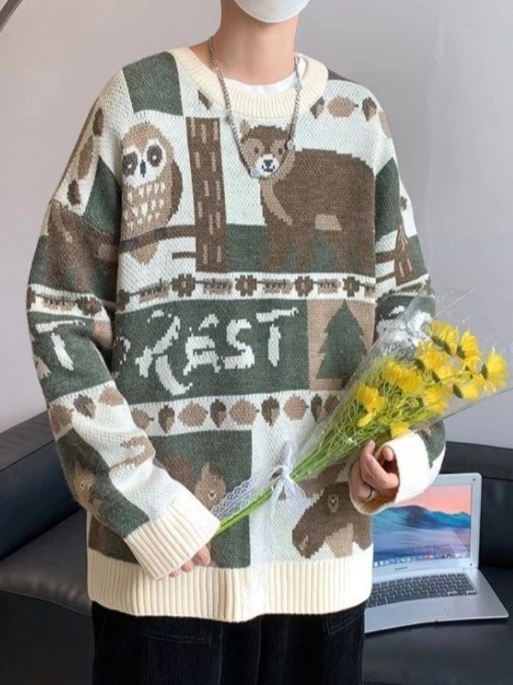 루즈핏 빈티지 O넥 크리스마스 스웨터 남성용 시크 두꺼운 니트 만화 풀오버 가을 겨울 캐주얼 스타일 니트웨어 탑