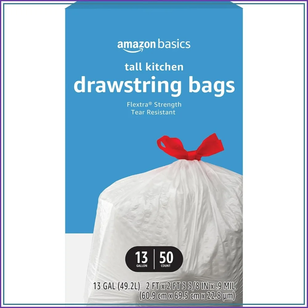 13 Gallon Tall Kitchen Drawstring Trash Bags, 50 Count, Tear-Resistant, Unscented