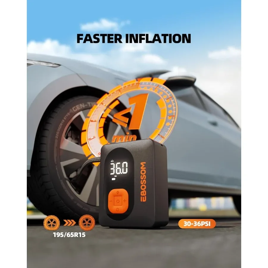 เครื่องอัดอากาศไร้สายแบบพกพาพร้อมจอแสดงผลค่าคู่แบบดิจิตอลและไฟ LED สำหรับเติมลมยางรถยนต์ จักรยาน และรถจักรยานยนต์