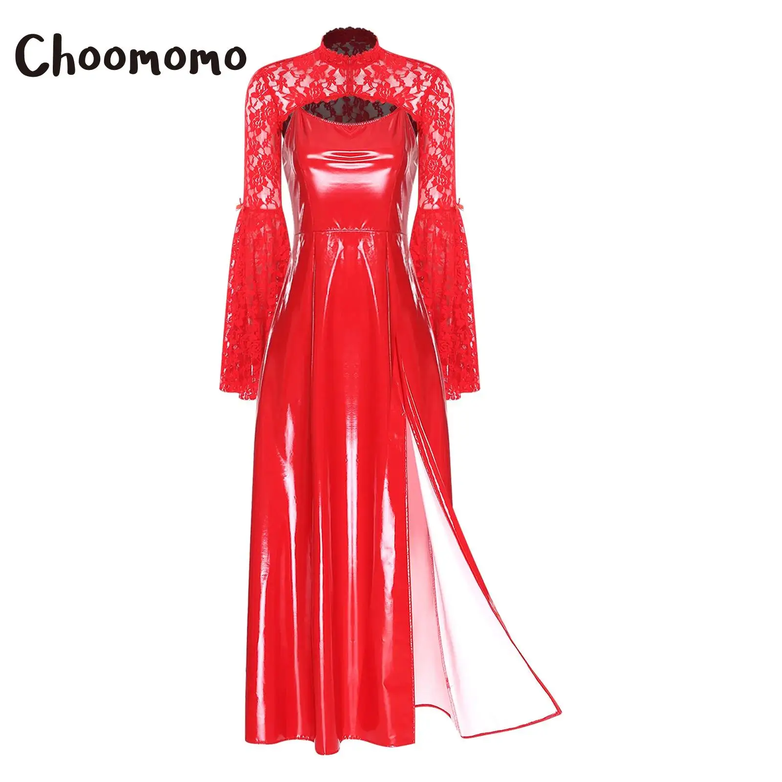 

Womens Medieval Gothic Glossy PU Dress with Sheer Floral Lace Shrugs Shawls Flare Cropped Cardigan Vampire Witch Side Slit Dress