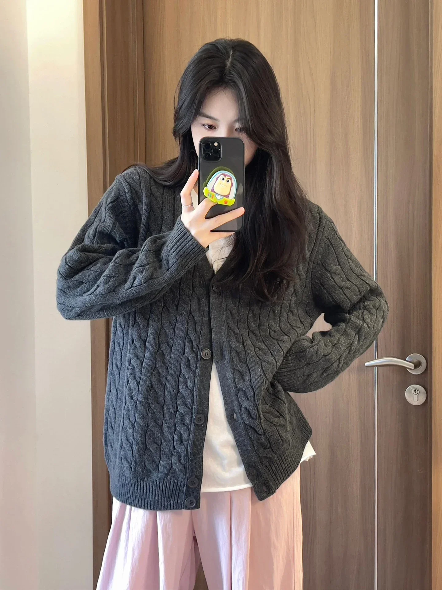 Women Candigan Korean Series Wear Gray Twist Sweater Outerwear Women Autumn Lazy Retro Soft Glutinous Loose Outdoor Knit Top