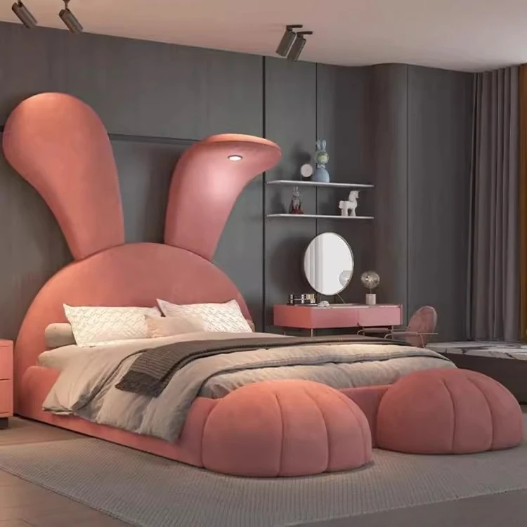 

Children pink princess bed cartoon rabbit modern simple multifunctional girl bed fabric Internet celebrity solid wood bed