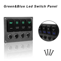 12V Marine Boat 4 Gang Rocker Switch Panel HORN RUNNING LIGHTS ANCHOR LIGHT BILGE PUMP Green & Blue Led Car Switch Waterproof