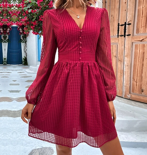 

Casual Women's Dress Temperament Commuting Sexy Basic V-Neck Button Puff Long Sleeve Slimming Mesh High Waist A-Line Midi Dress