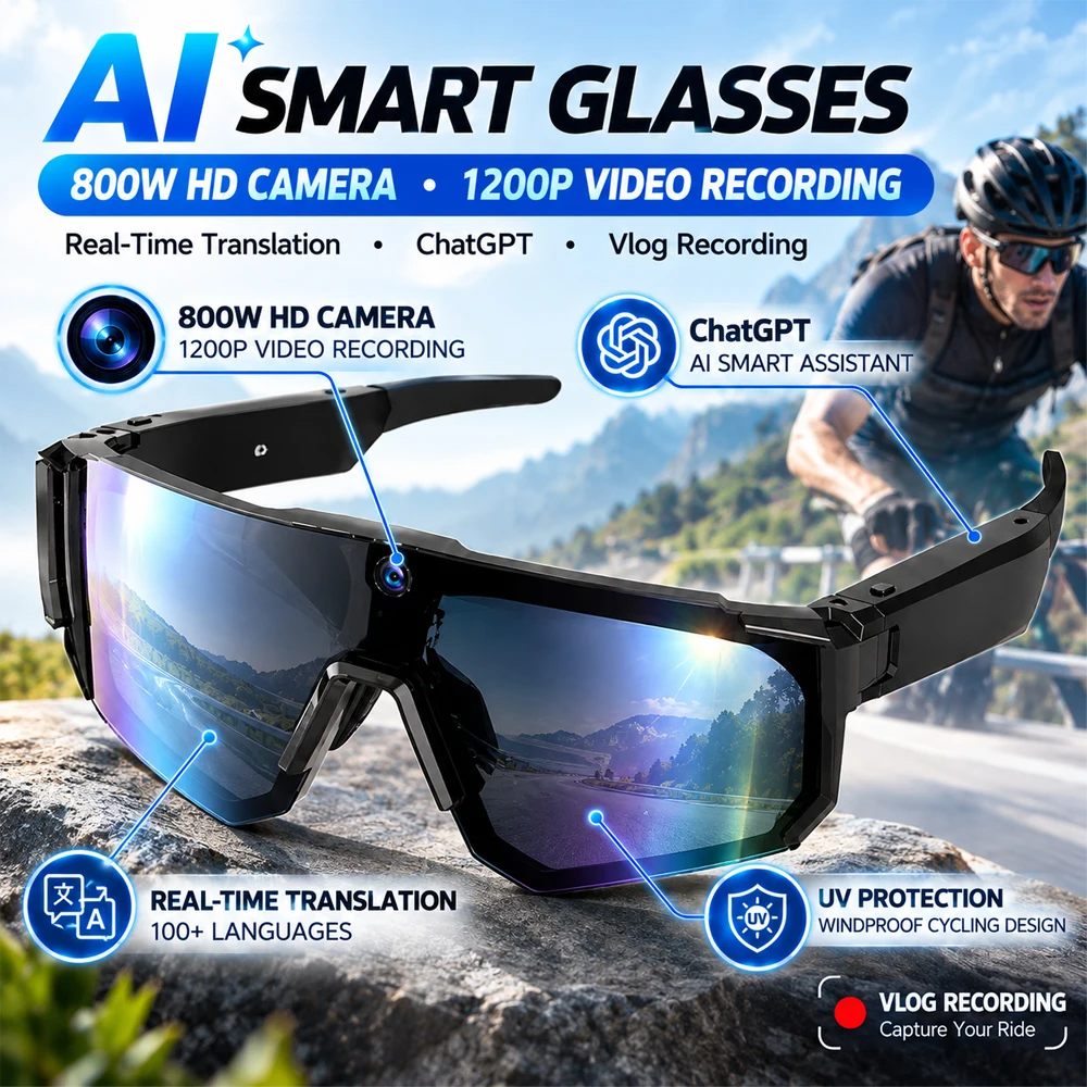 2026 New 1200P HD Video Recording AI Smart Glasses 800W Camera ChatGPT Real Time Translation Cycling Windproof UV Goggles Men