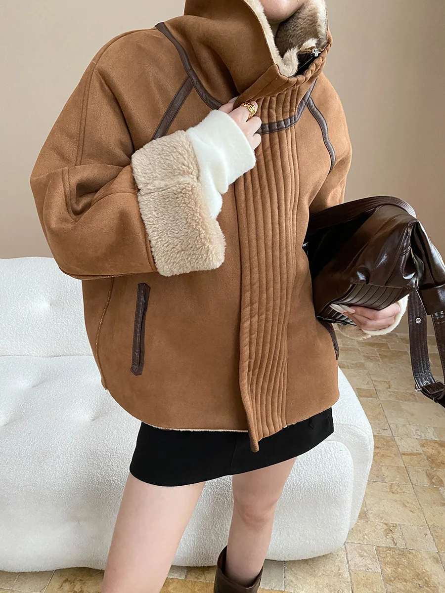 

Women's casual solid color retro motorcycle style faux fur one-piece lapel loose warm jacket