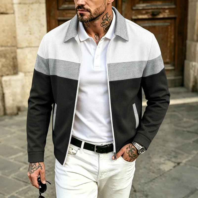 Men Lapel Collar Zip Up Jacket Color Block Waffle Splice Coat Casual Spring Autumn Street Loose Outerwear