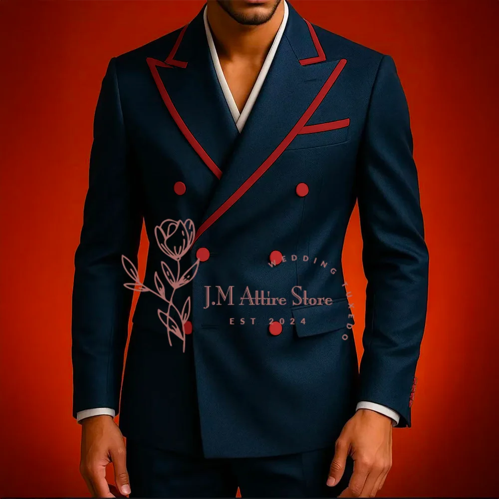 Men's Slim Fit Navy Double Breasted Blazer with Red Contrast Lapel 2pcs Set Bespoken Clothing For Wedding Banquet Prom Party