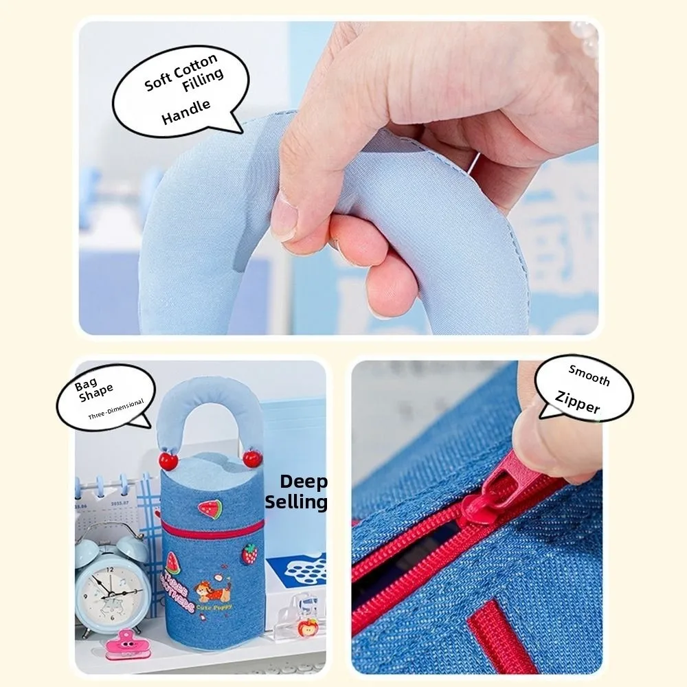 Puppy Pattern Cartoon Pen Holder Large Capacity Sweet Pencil Storage Bag Trendy with Handle Multi-layer Stationery Bag