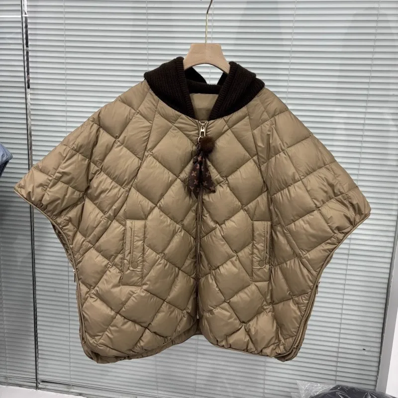 Women White Duck Down Warm Zipper Vests Autumn Winter Knit Hooded Splicing Down Vest Female Sleeveless Quilted Argyle Waistcoat