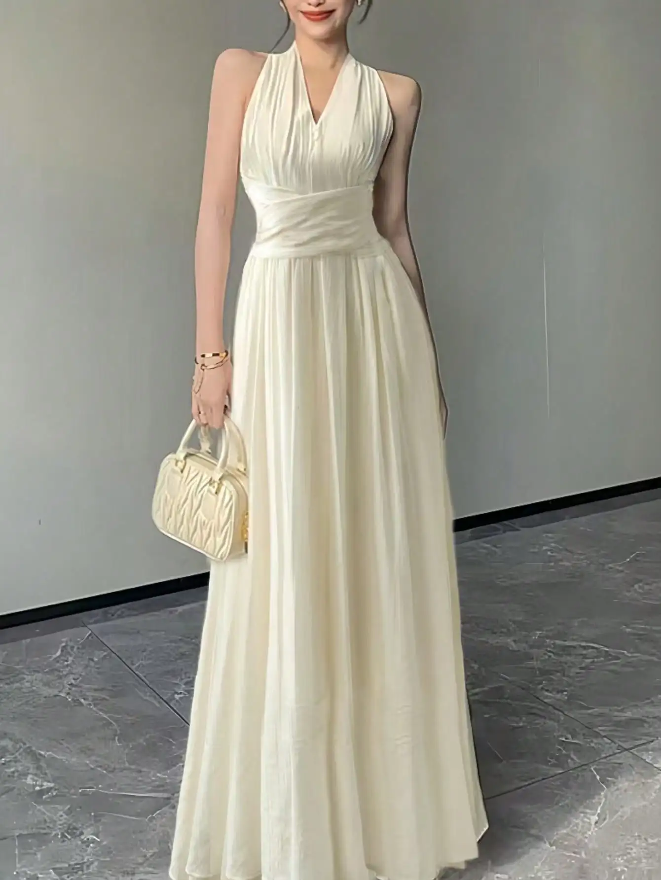

2025 Elegant Women Fashion Casual A Line Maxi Dress V-neck Vintage Slim Party Wedding White Long Dresses Female Solid Chic Mujer