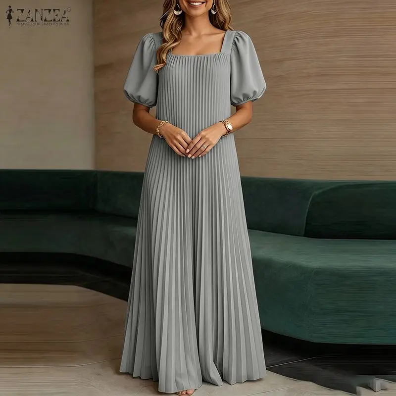 ZANZEA Damen-Kleid mit quadratischem Ausschnitt, kurzen Puffärmeln, plissiert, Sommer-Maxikleid, elegant, einfarbig, A-Linie, Baggy-Party-Robe, Vestidos