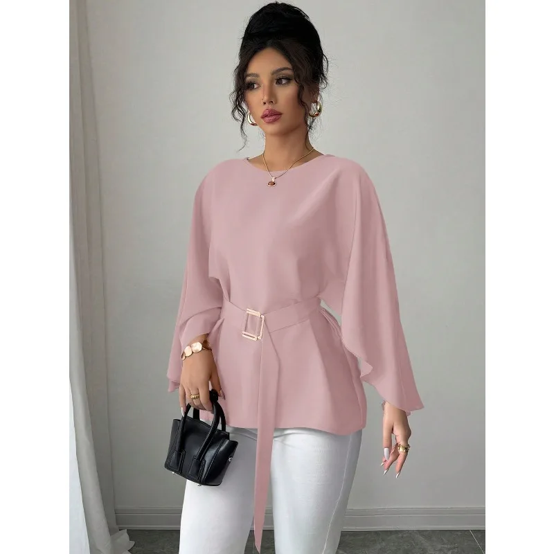 Women Round Neck Long Sleeve Blouse with Belt Loose Oversized Waist Cinched Elegant Office Commuter Solid Casual Tops view 6