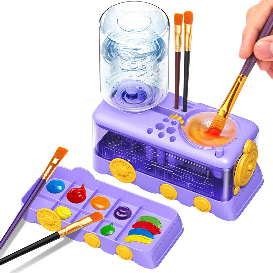 Train Shape Paint Brush Washing Station, 400ml Water Tank, Mixing Palette and 9-Slot Holder for Watercolor Painting and Projects
