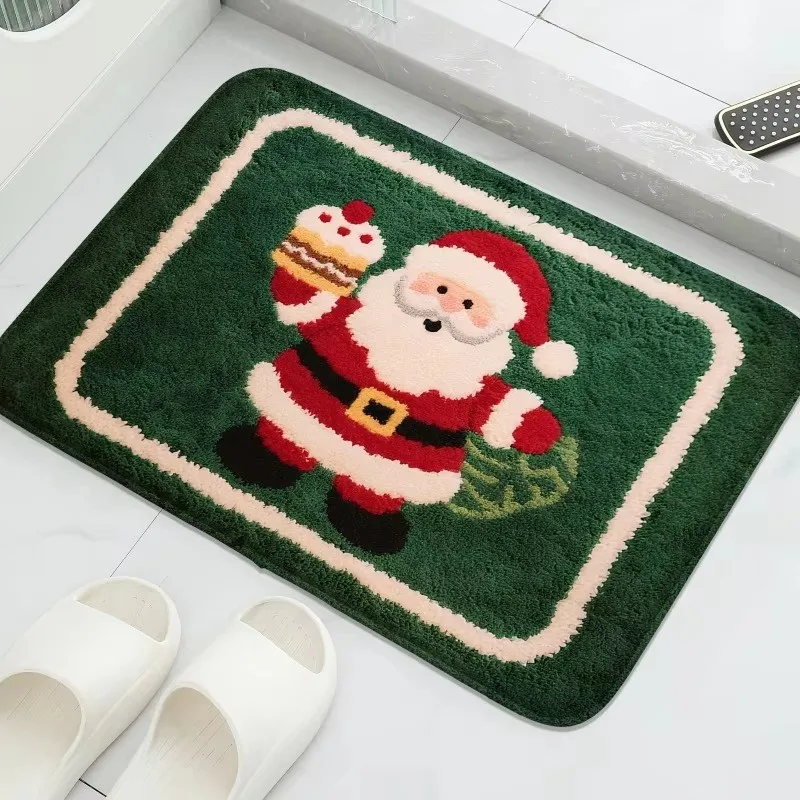 VIKAMA Dark Green Santa Cake Tufted Bathroom Door Mat Soft Warm Non Slip Bathroom Non Slip Backing Washable Mat Home Decor