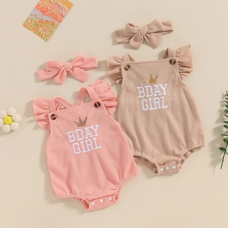 

2Pcs Baby Girl Bodysuits Birthday Outfit Fly Sleeve Back Cross Embroidery Crown Letters Romper with Hairband Clothes