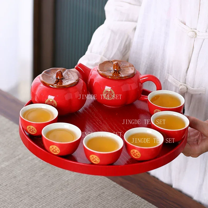 

Red Ceramic Chinese Wedding Tea Set Exquisite Porcelain Teapot and Cup Set Customized Gaiwan Teaware Gifts Home Drinkware
