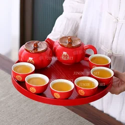 Red Ceramic Chinese Wedding Tea Set Exquisite Porcelain Teapot and Cup Set Customized Gaiwan Teaware Gifts Home Drinkware