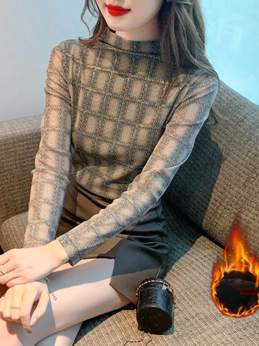 ビジネススタイル長袖メッシュベースシャツ-レディース-ハーフハイカラーインナーウェア-春秋-2025新作-おしゃれトップス-襟ピン付き