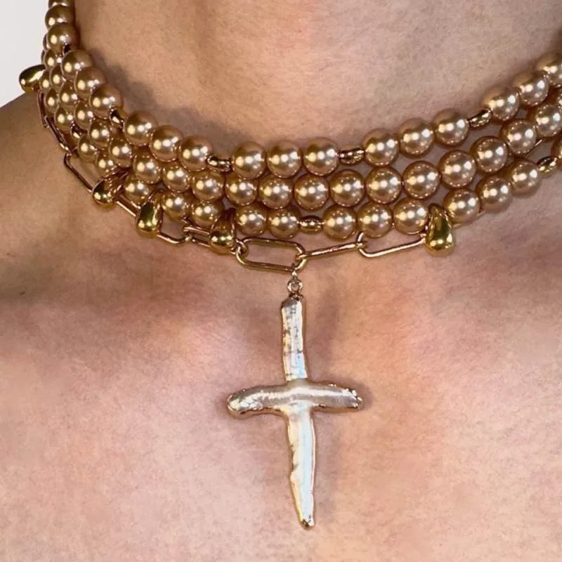 

Disordered Gold Pearl Necklace Baroque Heavy Industry Titanium Steel Choker