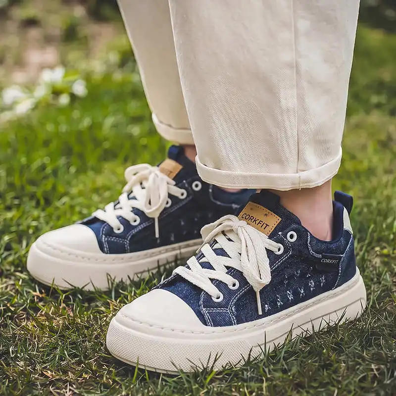 Men Breathable Canvas Lace-Up Vulcanized Sneakers Lightweight Non-Slip Casual Walking Shoes for Outdoor Daily Wear