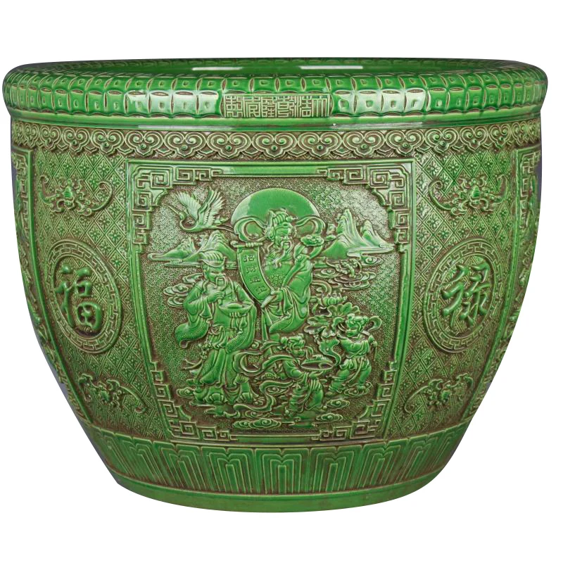 Pot de fleur sculpté Fu Lu Shou Xi rick, glaçure verte traditionnelle chinoise, plante de jardin, décor de maison, grande vente