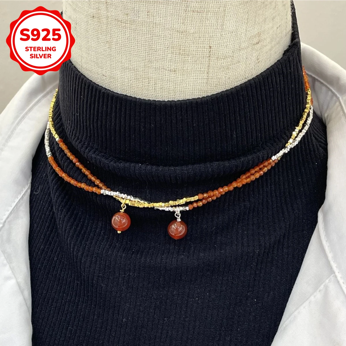 

25 Silver Gold Silver Double Color Red Agate Broken Silver Necklace Set, suitable for daily and various occasions wear